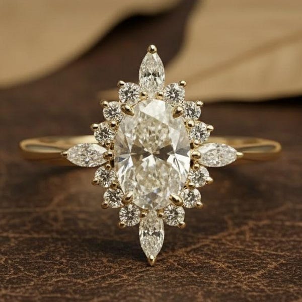Vintage Cluster Engagement Ring, Oval Cut Moissanite Ring, Halo Wedding Ring for Women, Art Deco Lotus Basket Setting Engagement Ring Gifts
