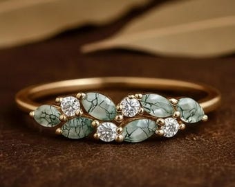 Marquise Cut Natural Moss Agate Wedding Band, Cluster Wedding Band Bridal Moissanite Ring, Vintage Half Eternity Jewelry Band Gift For Love