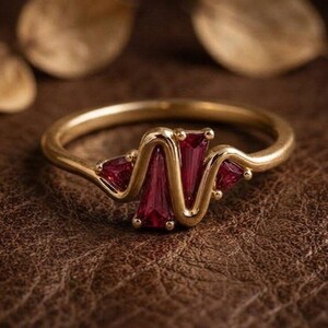 Ruby Wave Ring Gold Trillion Cut Ruby Statement Ring Minimalist Curved Band Promise Ring for Women