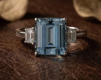 Emerald Cut Aquamarine Ring – Three Stone Engagement Ring, Blue Gemstone Promise Ring, March Birthstone Jewelry in Silver or Gold