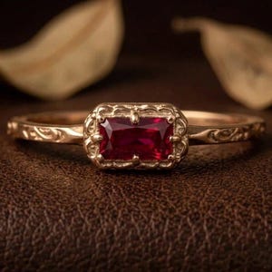 Art Deco Ruby Ring: Gold Vintage Engagement Band, Unique Ornate Filigree Anniversary Gift.