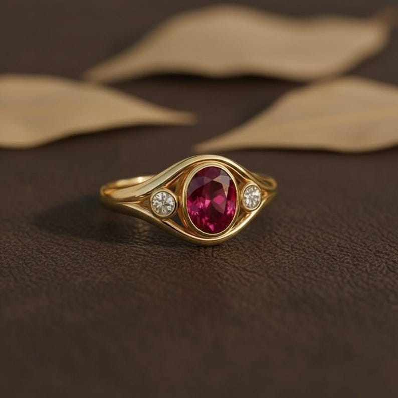 Puede incluir: Un anillo de oro con una piedra preciosa roja oscura ovalada en el centro, flanqueada por dos piedras preciosas redondas y claras m&aacute;s peque&ntilde;as. El anillo tiene un dise&ntilde;o &uacute;nico y fluido. El anillo est&aacute; sobre un fondo marr&oacute;n.