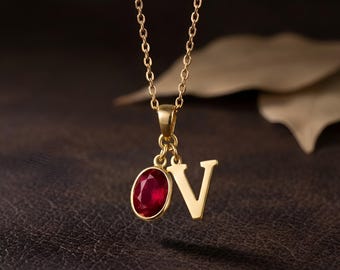 14K Gold Initial Necklace with Birthstone, Custom Initial Necklace, Personalized Necklace, Birthstone Necklace, Birthday Gift for Her