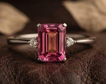 Unique Emerald Cut Pink Sapphire Engagement Ring, 18k Solid Gold Handmade Art Deco Ring, Birthday Gift For Women, Valentines Gift For Her