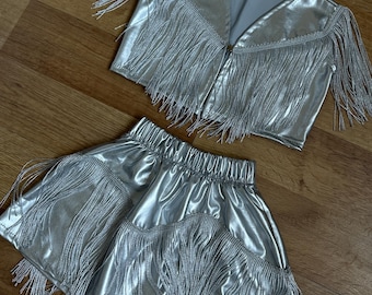 Kids Silver Fringe Cowgirl Costume - Glitter Western Jacket & Skirt Set for Girls