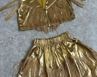 Kids Gold Fringed Cowgirl Costume: Glitter Western Vest & Skirt Set