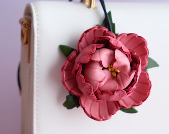 Handmade Leather Peony Bag Charm | Floral Purse Accessory | Elegant Gift for Her, Mother, Wedding & Bridal Party
