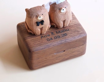 Caja personalizada para anillos de pareja con osos, caja doble personalizada con osos novios, soporte para anillos de boda, regalo de compromiso, caja con nombres y fecha.
