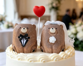 Figurine ours en bois pour gâteau de mariage | Décoration rustique | Cadeau pour jeunes mariés | Décoration de table | Cadeau de fiançailles | Figurine artisanale