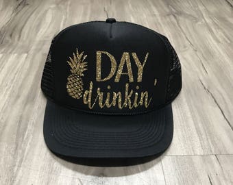 Day Drinkin' Pineapple Trucker Hat Brunch River Lake Summer Trucker Hat Women's Trucker Hat Glitter Drinking Alcohol Party Hat