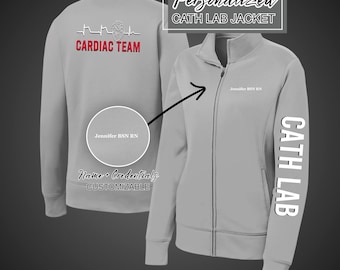 Personalized Cath Lab Fleece Jacket, Anatomical Heart Embroidery, Cardiac Nurse Zip Up