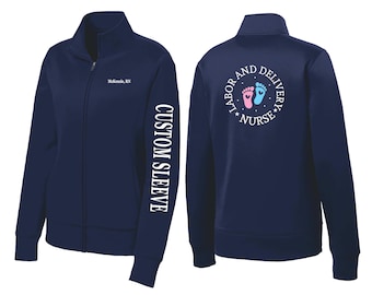 Labor and Delivery Nurse Fleece Zip Up Jacket: Baby Feet, Embroidered Name Baby Feet Credentials Custom Sleeve