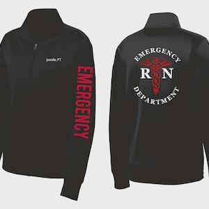 ER Emergency Department RN Caduceus ED Embroidered Nursing Custom Zip Up Personalized Hospital Sweatshirt Unisex Men&#39;s or Women&#39;s