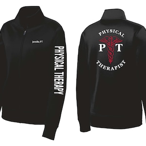May include: Black zippered jacket with the text "PHYSICAL THERAPY" on the left sleeve and "PHYSICAL THERAPIST" with a red caduceus symbol on the back.