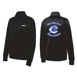 May include: A black zip-up jacket with a mock neck. The front features the name Abbie in white text. The back displays a blue and white graphic logo with the text Clay High Blue DEVIL BRIGADE arranged in a circular pattern around the emblem.