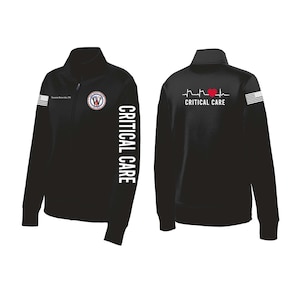 May include: Black zip-up jacket with white stripes on the sleeve and the words "CRITICAL CARE" printed vertically on the left sleeve. The front features a circular emblem and the back displays a heartbeat graphic with the words "CRITICAL CARE".