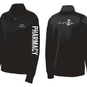 May include: Black zip-up jacket with "Jennifer Pharmacist" printed on the chest and "PHARMACY" down the sleeve in white. The back features a white graphic of a pill bottle and a heartbeat line. A professional pharmacy-themed garment.