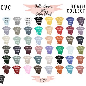 Puede incluir: Carta de colores para camisetas de algod&oacute;n Bella Canvas 3001. La carta muestra 48 colores diferentes, incluyendo lila prisma, azul hielo, azul rey, morado equipo y heather profundo.