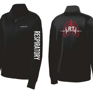 May include: Black zippered jacket with a white "RESPIRATORY" text on the left sleeve and a red heart beat graphic with "RT" on the back. The jacket has a zippered front and a stand-up collar.
