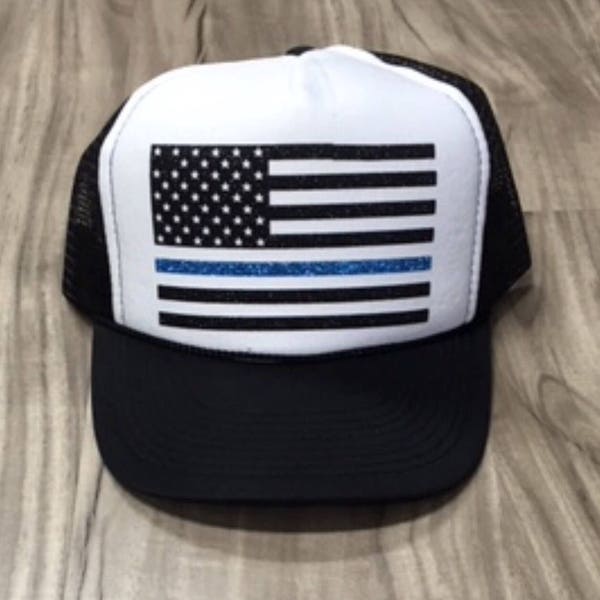 Police American Flag Trucker Hat Police Wife Hat Womens Trucker Hat Glitter Police Flag Hat Police Support Trucker Hats
