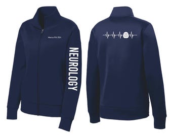 Personalized Neuro Nurse Fleece Jacket: Embroidered Brain EKG Design