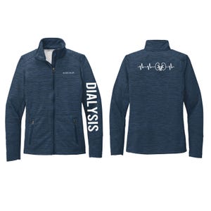 May include: A navy blue fleece jacket with a white heartbeat graphic on the back and the word "DIALYSIS" on the left sleeve.