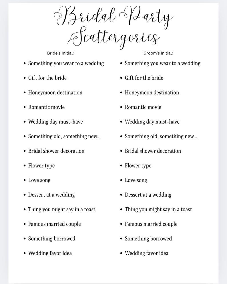 Bridal Party Games Scattergories This or That Trivia Time and More