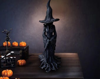 Cracker Barrel Witch Statue, Dark Mage Figurine, Halloween Sorceress Decor, Mysterious Witch Sculpture, Spooky Gothic Home Decor Ornament.