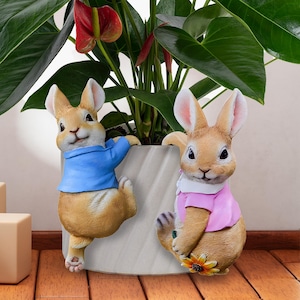 May include: Two rabbit figurines, one in a blue jacket and the other in a pink jacket, are positioned on a white planter. The rabbits have tan fur and are holding onto the planter. A sunflower is at the feet of the pink jacket rabbit.