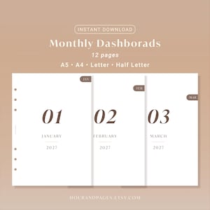 May include: A digital planner set titled Monthly Dashboards with 12 pages in A5, A4, Letter, and Half Letter sizes. The display shows three white pages for January, February, and March 2027 with brown tabs and large numerals on a beige background.