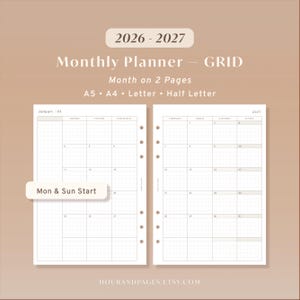 May include: A 2026-2027 monthly planner grid layout spanning two pages with a month on two pages format. The planner is available in A5, A4, Letter, and Half Letter sizes. It features a grid design with Monday and Sunday start options.