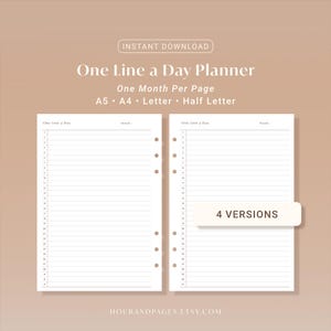 以下が含まれることがあります： 「One Line a Day Planner」と「One Month Per Page」のテキストが入ったデジタルプランナー。A5、A4、Letter、Half Letterサイズで利用可能。画像には、毎日の記入用の線が入ったスペースがある2つの開いたページが表示されています。