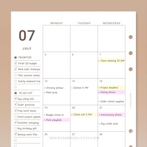 May include: A white paper planner page for July 07 featuring a weekly calendar grid with Monday, Tuesday, and Wednesday columns. The left sidebar includes a Priorities section and a To-Do list with checkboxes, some marked with red checkmarks.