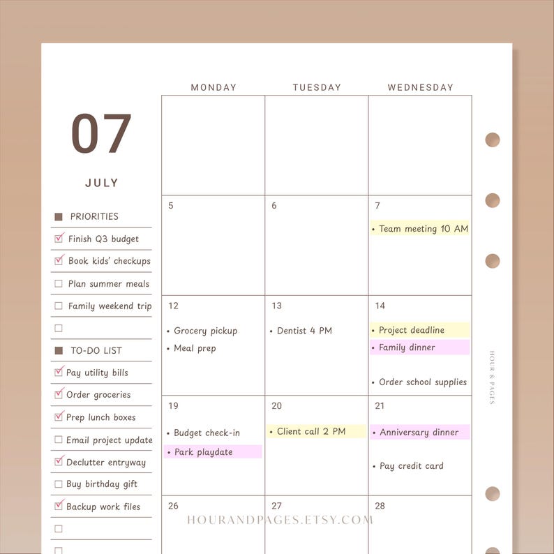May include: A white paper planner page for July 07 featuring a weekly calendar grid with Monday, Tuesday, and Wednesday columns. The left sidebar includes a Priorities section and a To-Do list with checkboxes, some marked with red checkmarks.