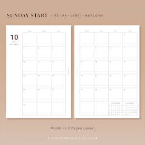 May include: A two-page monthly calendar layout for October 2023 with a Sunday start. The white pages feature a grid for daily entries, with the text SUNDAY START, A5, A4, LETTER, HALF LETTER, and MONTH ON 2 PAGES LAYOUT visible on the page.