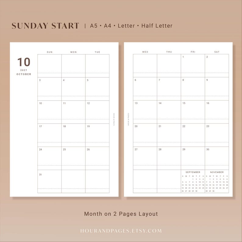 May include: A two-page monthly calendar layout for October 2023 with a Sunday start. The white pages feature a grid for daily entries, with the text SUNDAY START, A5, A4, LETTER, HALF LETTER, and MONTH ON 2 PAGES LAYOUT visible on the page.