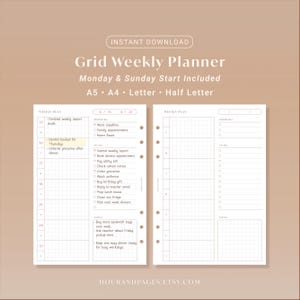 May include: A digital weekly planner template featuring a grid layout with sections for priorities, to-do lists, and notes. The text reads Grid Weekly Planner, Monday & Sunday Start Included, A5, A4, Letter, Half Letter, and hourandpages.etsy.com.