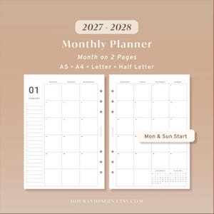 2027 2028 monthly planner printable featuring a spacious dated month on 2 pages layout with large daily boxes, a monthly checklist, and mini calendars for the previous and next month. Designed as a clean month at a glance organizer for planning appointments, deadlines, reminders, and monthly schedules in A5, A4, Letter, and Half Letter sizes.