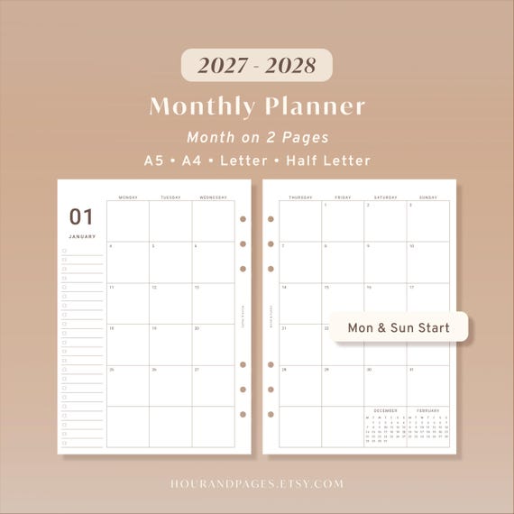 2027 2028 Monthly Planner Printable Month on 2 Pages Monthly Organizer Month at a Glance Dated Calendar Planner Inserts | A5 A4 Letter Half