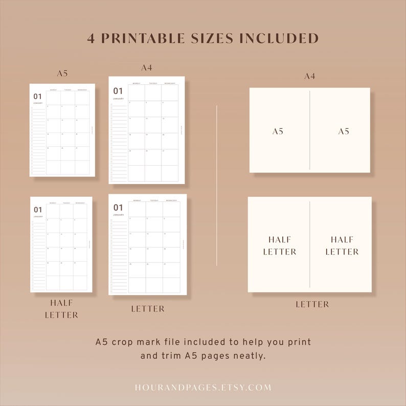May include: A digital planner template set featuring 4 printable sizes: A5, A4, Half Letter, and Letter. The image displays monthly calendar layouts with the text 01 January, grid lines, and labels for A5, A4, Half Letter, and Letter. Includes A5 crop marks.
