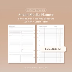May include: A digital social media planner with content plan and weekly schedule templates. The planner includes A5, A4, Letter, and Half sizes. The design is minimalist with a neutral color palette and includes a bonus note set.