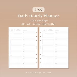 Può includere: Un modello di agenda giornaliera oraria 2027 con due pagine bianche che mostrano un programma, priorità, lista di cose da fare e sezione note. Il testo recita 2027 Daily Hourly Planner, 1 Day per Page, A5, A4, Letter, Half Letter e hourandpages.etsy.com.