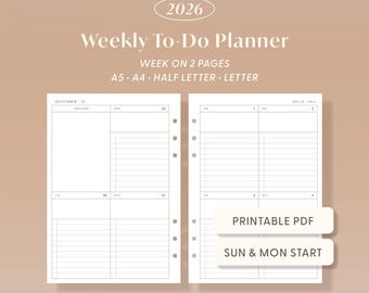 2026 Weekly To-Do List Planner, Printable PDF A5/A4/Letter/Half Letter Sizes