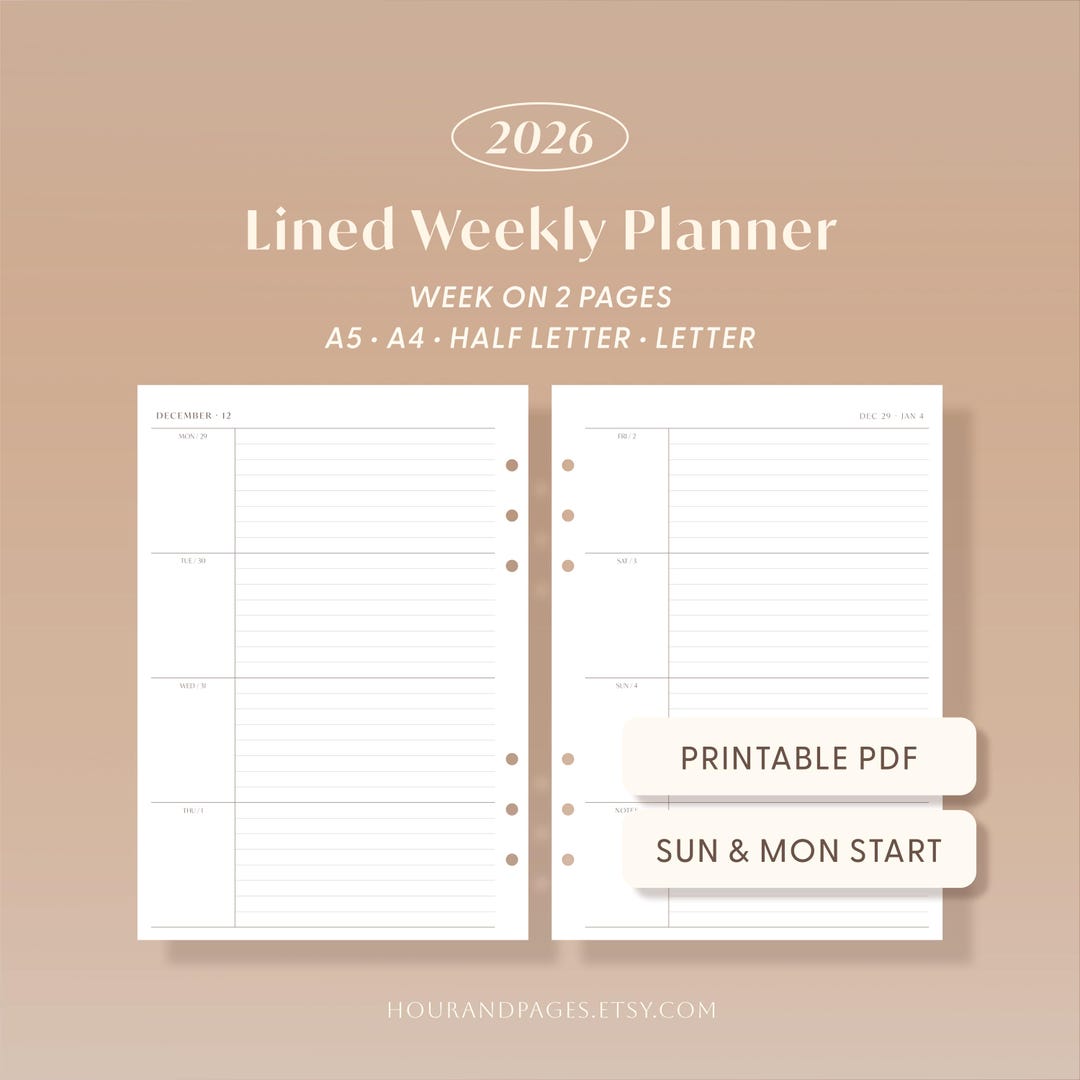2026 Lined Weekly Planner Printable PDF Horizontal Layout Inserts ...