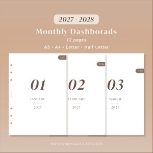 Peut inclure: Un ensemble de 12 pages de tableau de bord mensuel pour 2027-2028 aux formats A5, A4, Letter et Half Letter. Les pages blanches présentent du texte marron, incluant les mois de janvier, février et mars, avec les chiffres 01, 02 et 03.