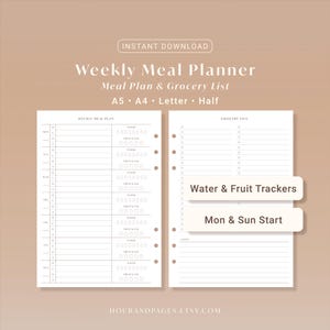 Peut inclure: Un planificateur de repas hebdomadaire et une liste de courses imprimables. Le design comprend des sections pour la planification des repas, une liste de courses et des suivis d'eau et de fruits. Disponible en A5, A4, Letter et Half.
