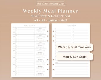 Weekly Meal Planner with Grocery List Printable Insert (7 Day Menu) (A5 A4 Letter Half)