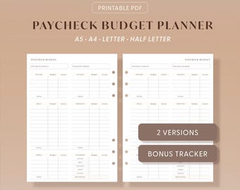 Paycheck Budget Planner Printable: Income, Bills, Expenses Tracker (A4/A5/Letter/Half) (PDF Download)
