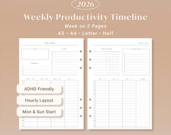 2026 Weekly Productivity Planner: ADHD Friendly Hourly Time Blocking (A5, A4, Letter, Half) PDF