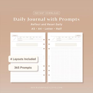 Könnte beinhalten: Ein digitales Tagesjournal mit Eingabeaufforderungen, mit minimalistischem Design. Das Journal enthält den Text "Daily Journal with Prompts" und "Reflect and Reset Daily". Es bietet vier Layouts und 365 Eingabeaufforderungen. Erhältlich in A5, A4, Letter und Half.
